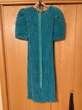 VTG Nuit Dress Teal Plisse Pleats Midi Evening Puff Sleeves 80s 90s Belt Sz 12